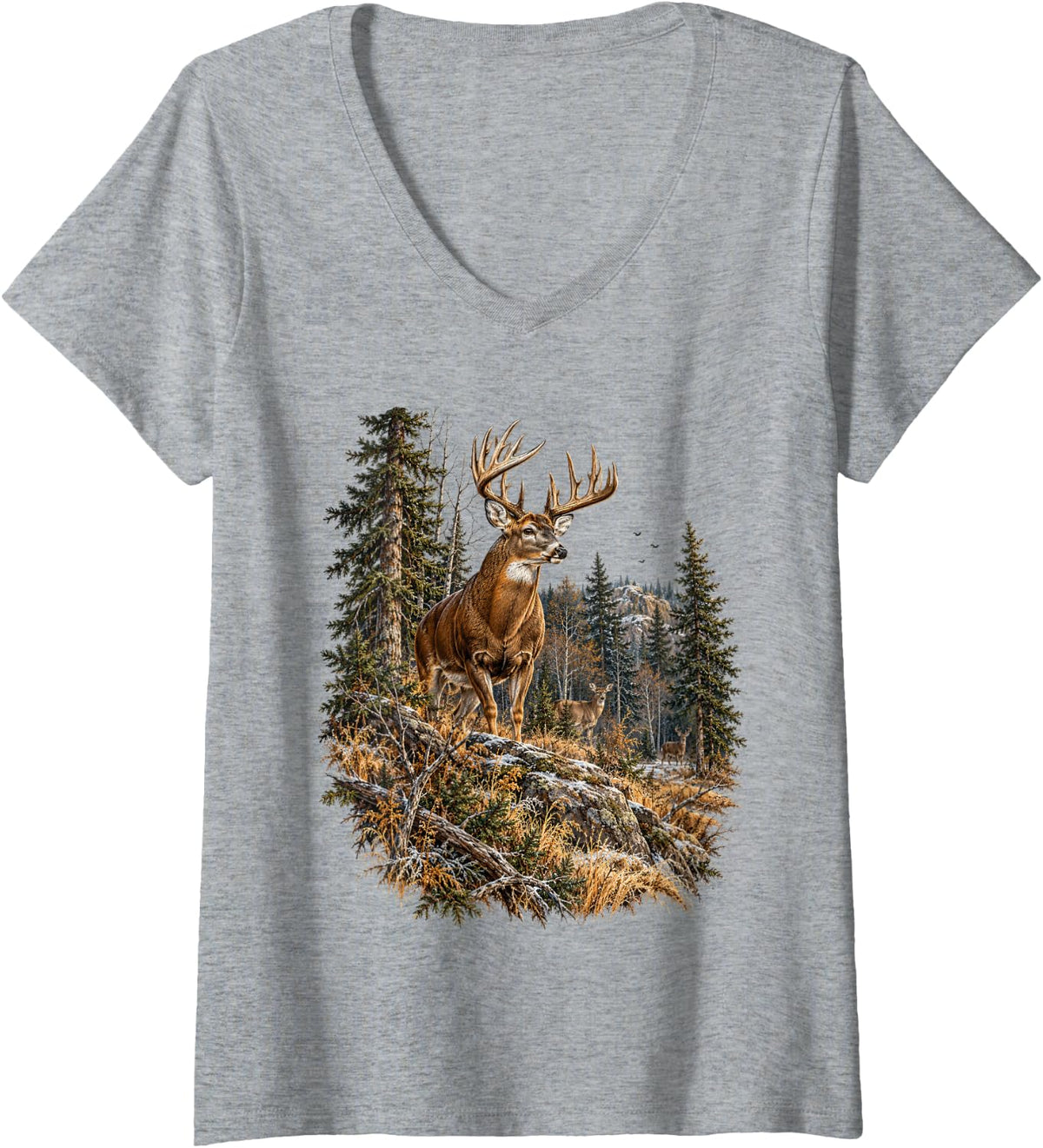 Women's Whitetail Buck Deer Hunting Lover Mountain Wilderness V-Neck T-Shirt - Heather Grey