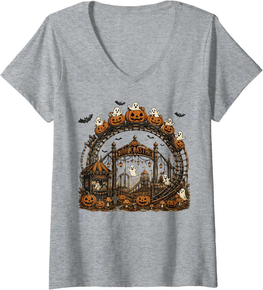 Women's Gothic Halloween Roller Coaster Lover Amusement Park Ghosts V-Neck T-Shirt - Heather Grey