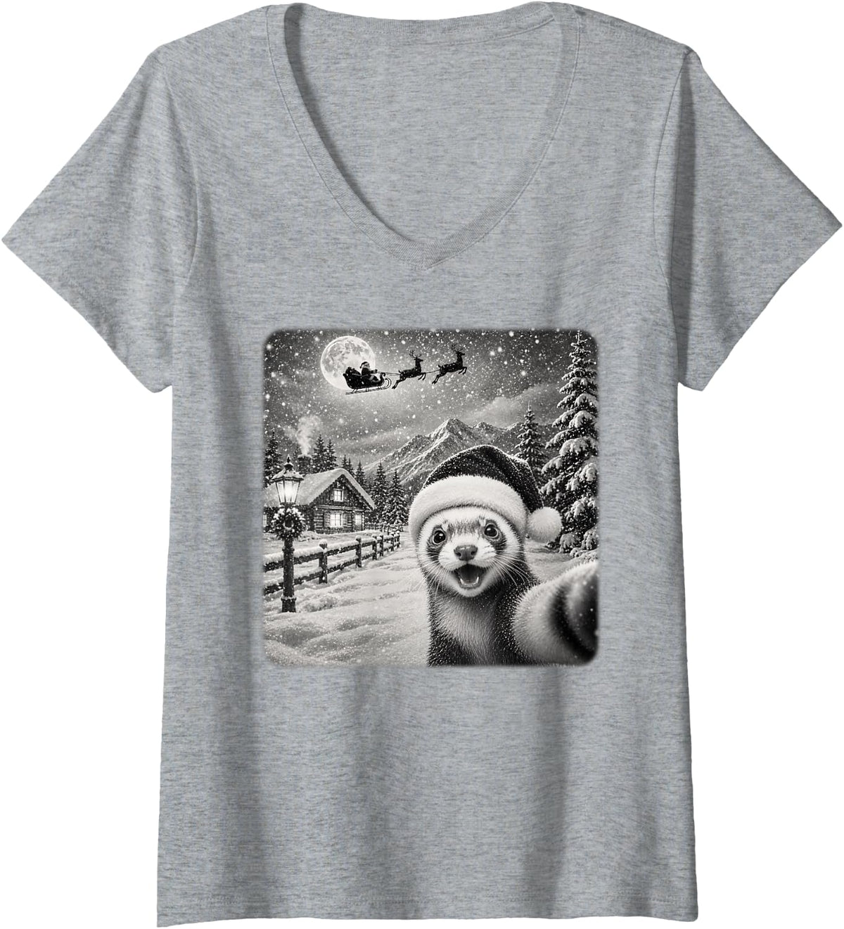 Women's Ferret Xmas Moon Night Starry Santa Sleigh Ferret Christmas V-Neck T-Shirt - Heather Grey