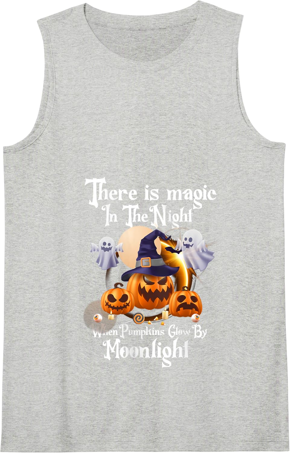 Magic In The Night Pumpkins Glow-Moonlight Halloween Ghost Tank Top - Heather Grey