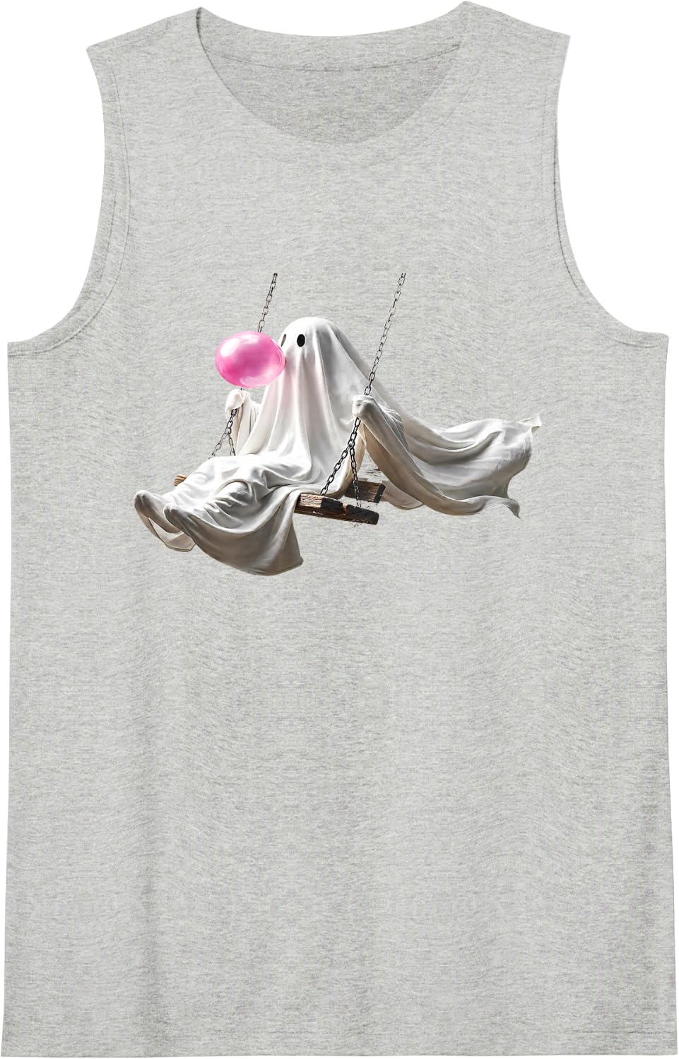 Cute Ghost Blowing Bubblegum on Swing Whimsical Halloween Sleeveless Tank Top - Heather Grey
