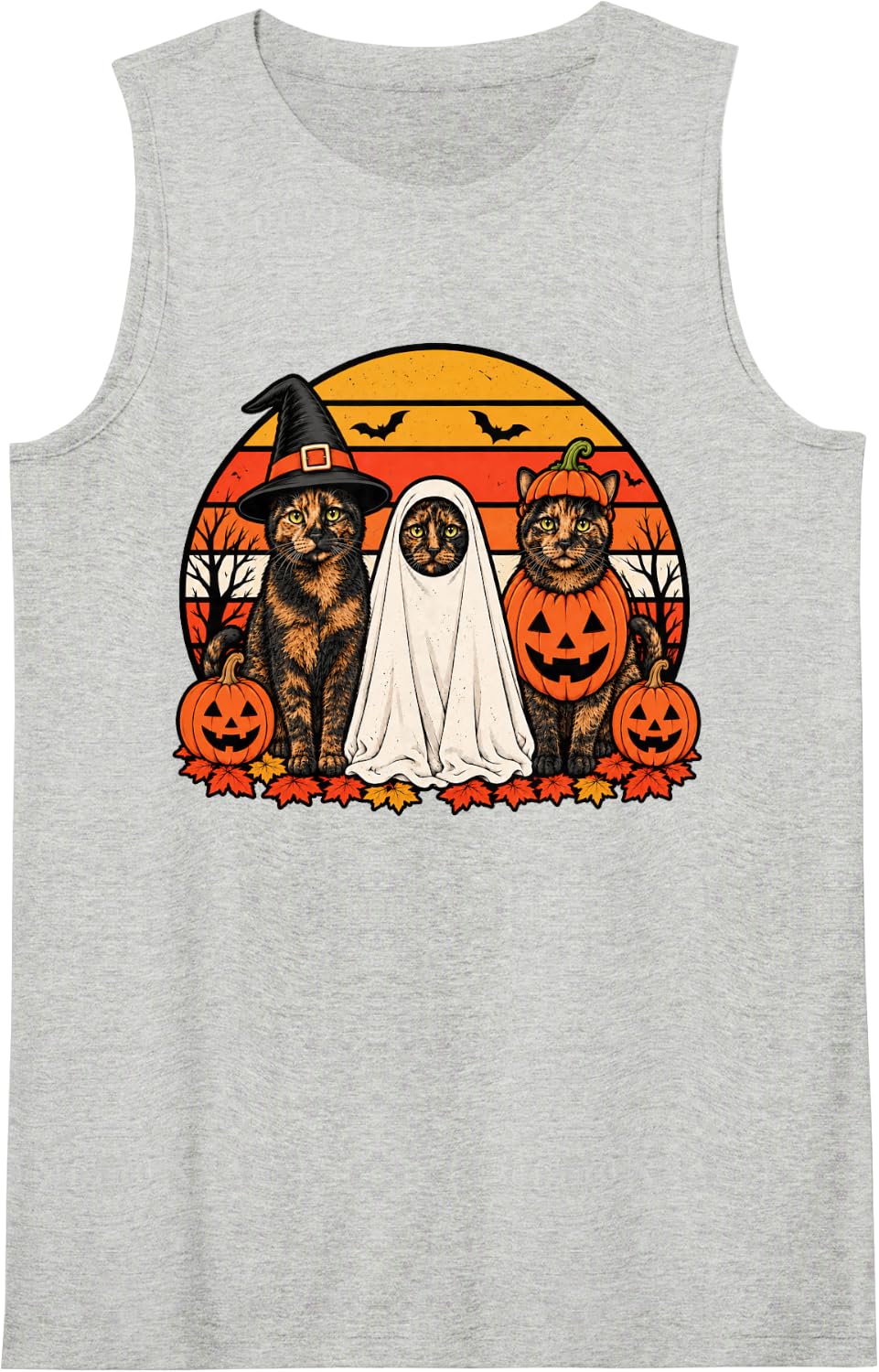 Spooky Tortoiseshell Cat Pumpkin Ghost Halloween Sleeveless Tank Top - Heather Grey
