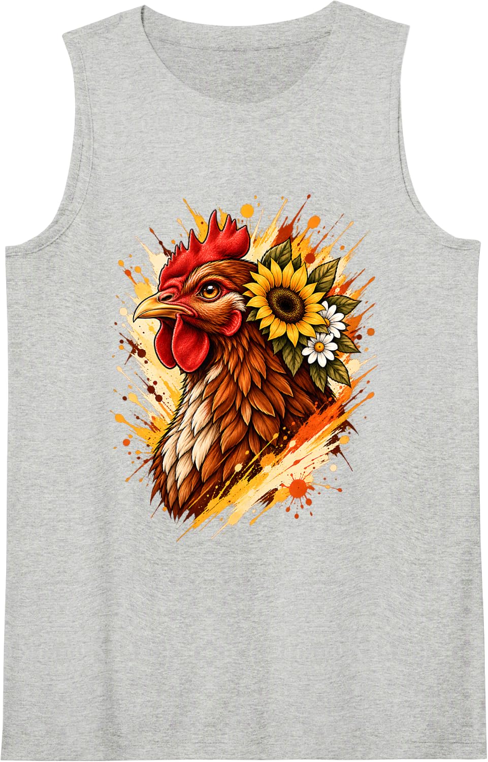 Chicken Splash Art Farm Animal Flower Sleeveless Tank Top - Heather Grey