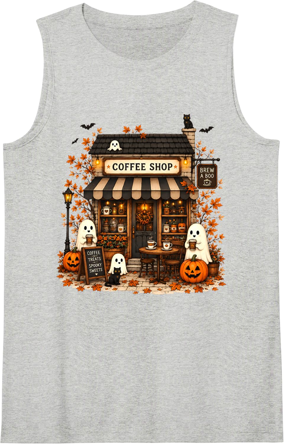 Brew Boo Ghost Coffee Lover Halloween Cafe Vintage Style Sleeveless Tank Top - Heather Grey