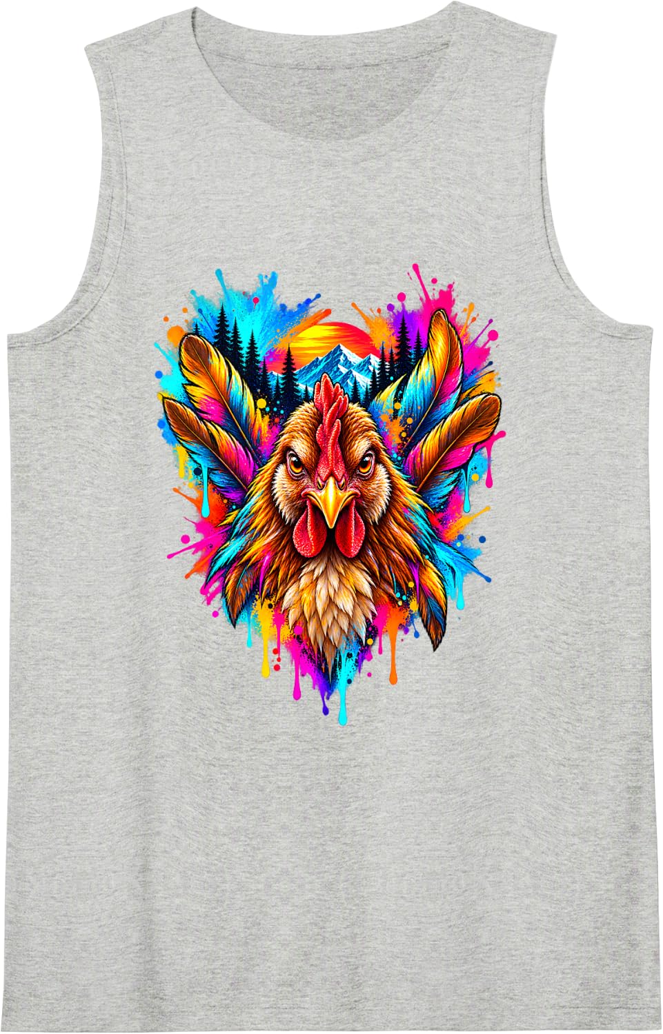 Chicken Colorful Splash Art Farm Animal Sleeveless Tank Top - Heather Grey