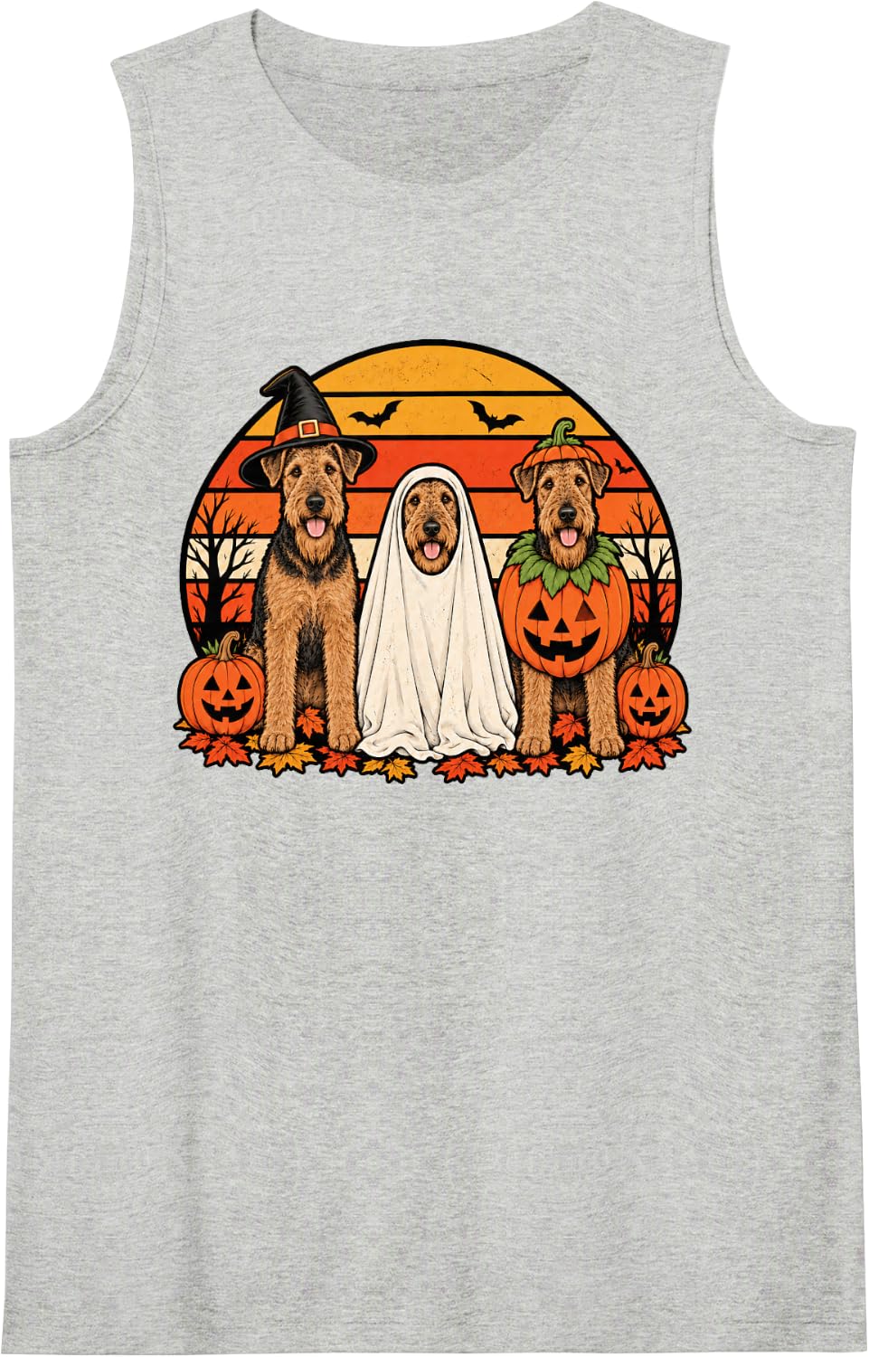 Spooky Airedale Terrier Pumpkin Ghost Halloween Dog Lover Sleeveless Tank Top - Heather Grey