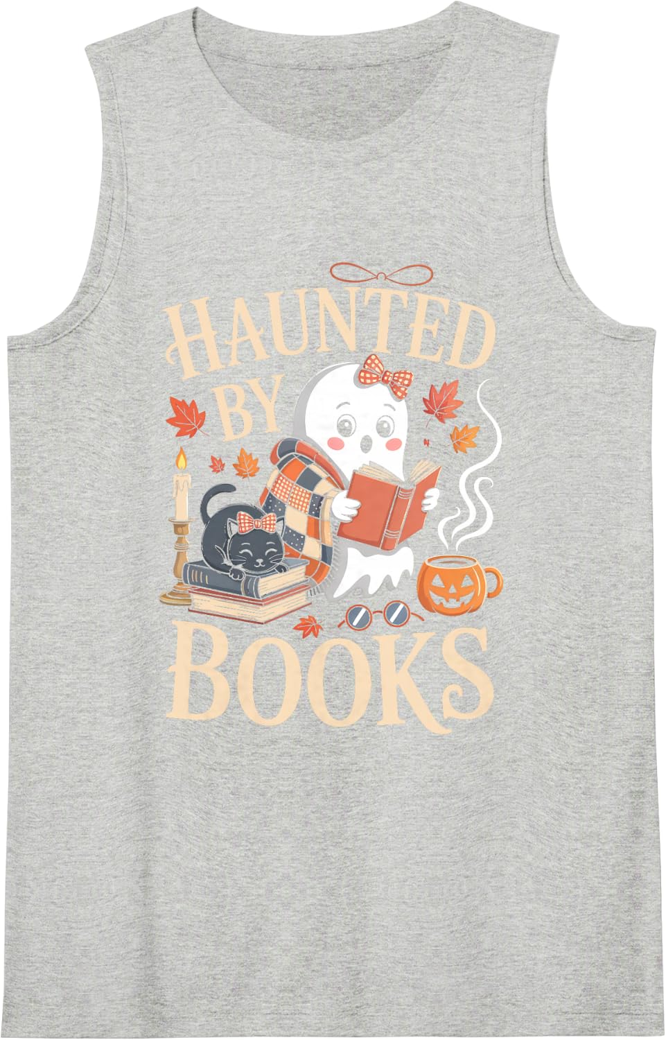 Haunted By Books Vintage Ghost Reading Halloween Book Lover Sleeveless Tank Top - Heather Grey
