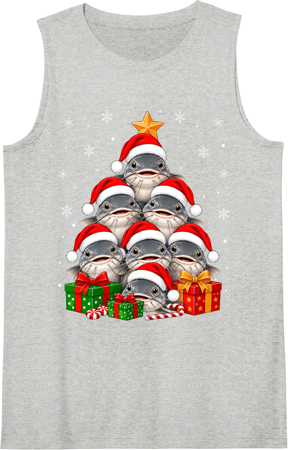 Catfish Christmas Tree Festive Santa Catfish Fishing Xmas Sleeveless Tank Top - Heather Grey