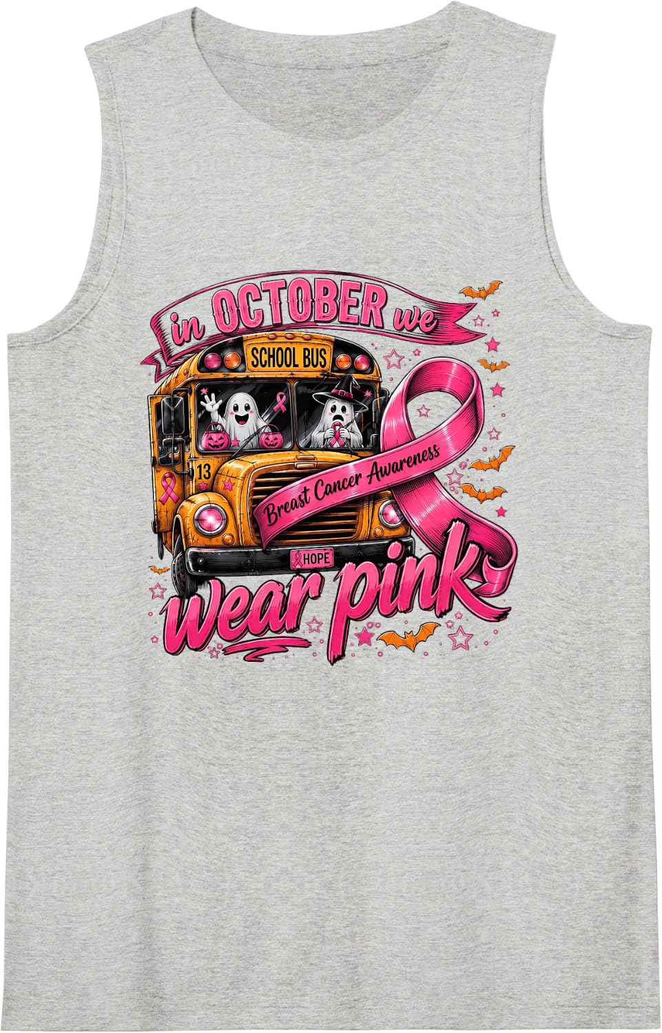in October We Wear Pink Breast Cancer Boo School Bus Driver Sleeveless Tank Top - Heather Grey