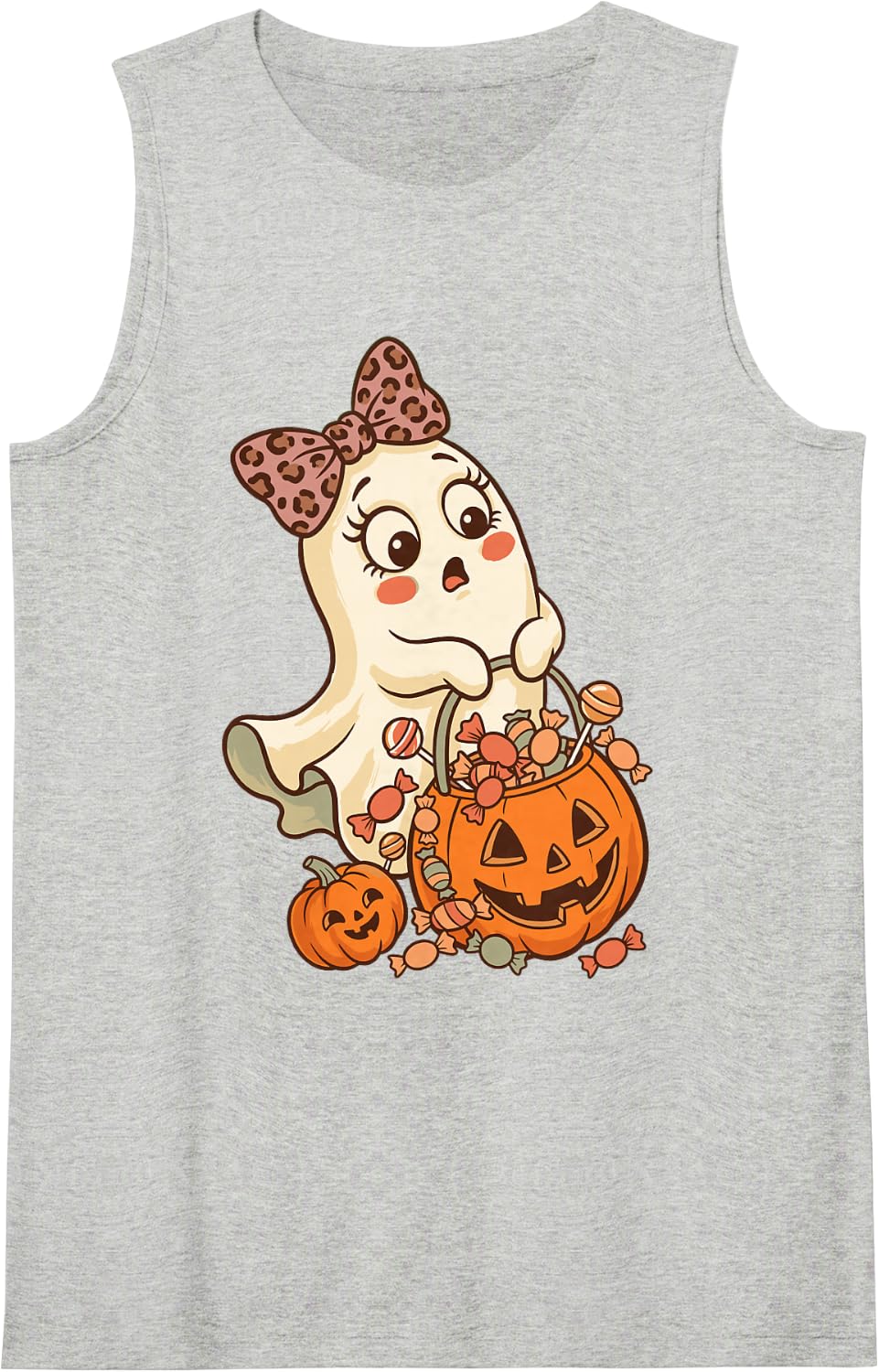 Ghost Cute Halloween Leopard Bow Pumpkin Candy Funny Girls Sleeveless Tank Top - Heather Grey