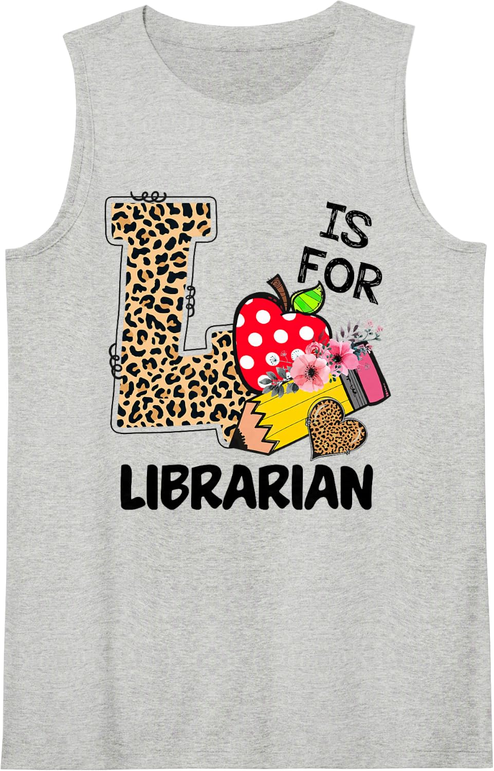 L is for Librarian Leopard Polka Dot First Day of School Sleeveless Tank Top - Heather Grey