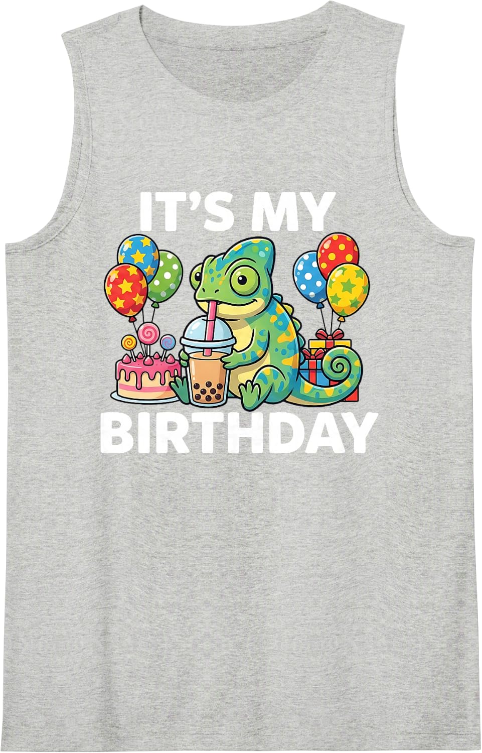 Cute Chameleon Birthday Graphic Animal Kids My Bday Sleeveless Tank Top - Heather Grey
