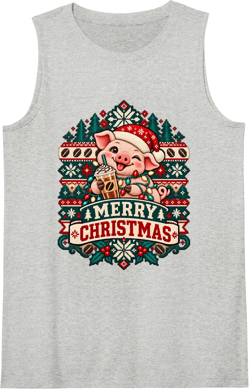 Merry Christmas Pig Cheerful Ice Coffee Winter Holiday Sleeveless Tank Top - Heather Grey
