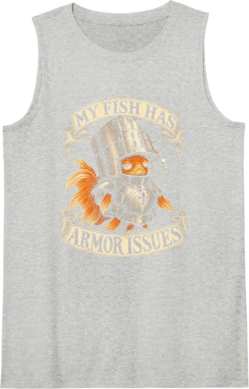 My Fish Has Armor Issues Funny Goldfish Heraldic Knight Sleeveless Tank Top - Heather Grey
