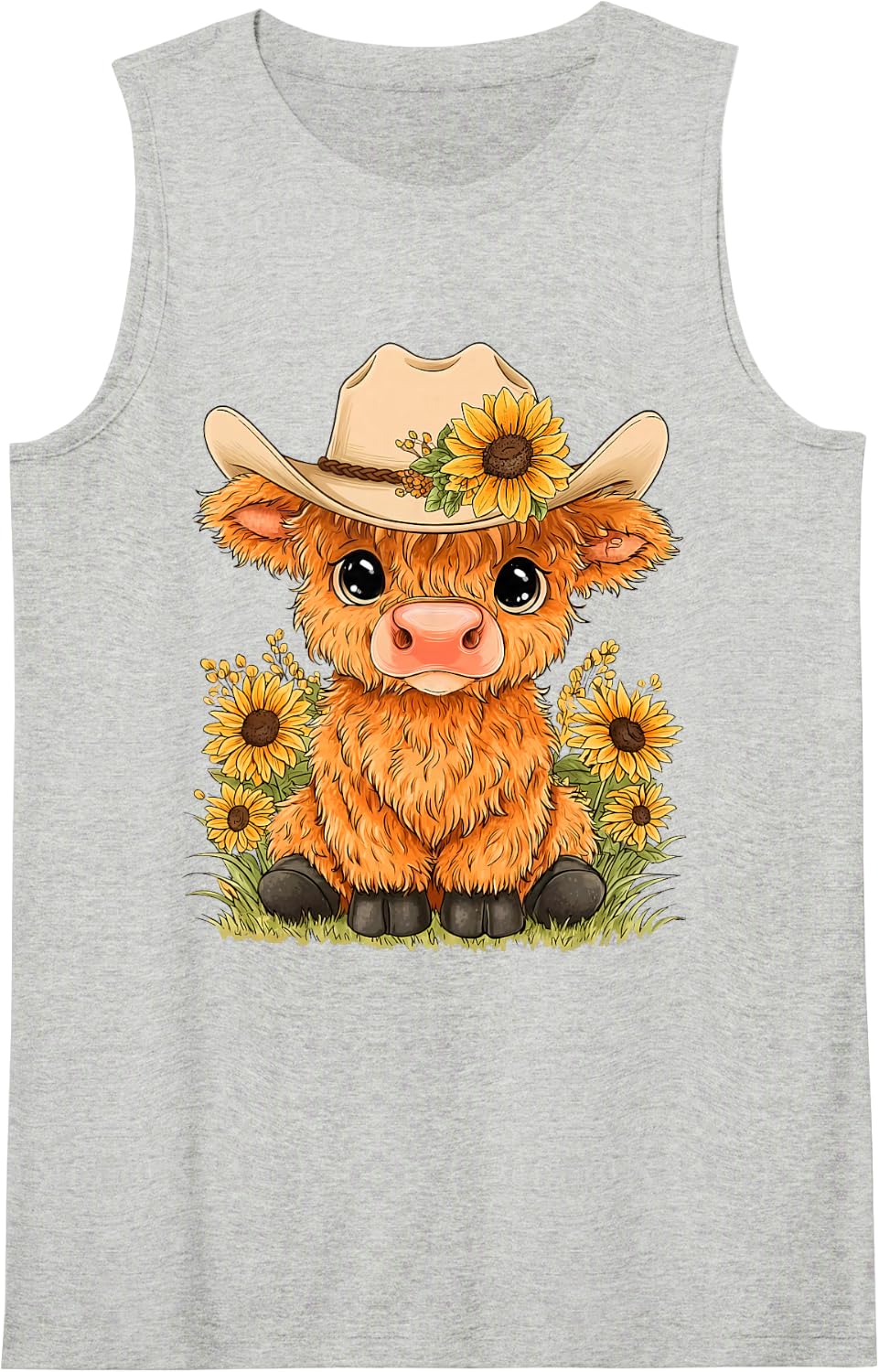Scottish Highland Cow Farm Western Cowboy Sunflower Cowgirl Sleeveless Tank Top - Heather Grey