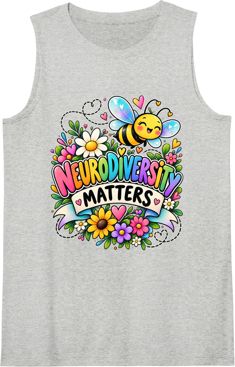 Neurodiversity Matters Cute Bee Flowers Awareness Support Sleeveless Tank Top - Heather Grey