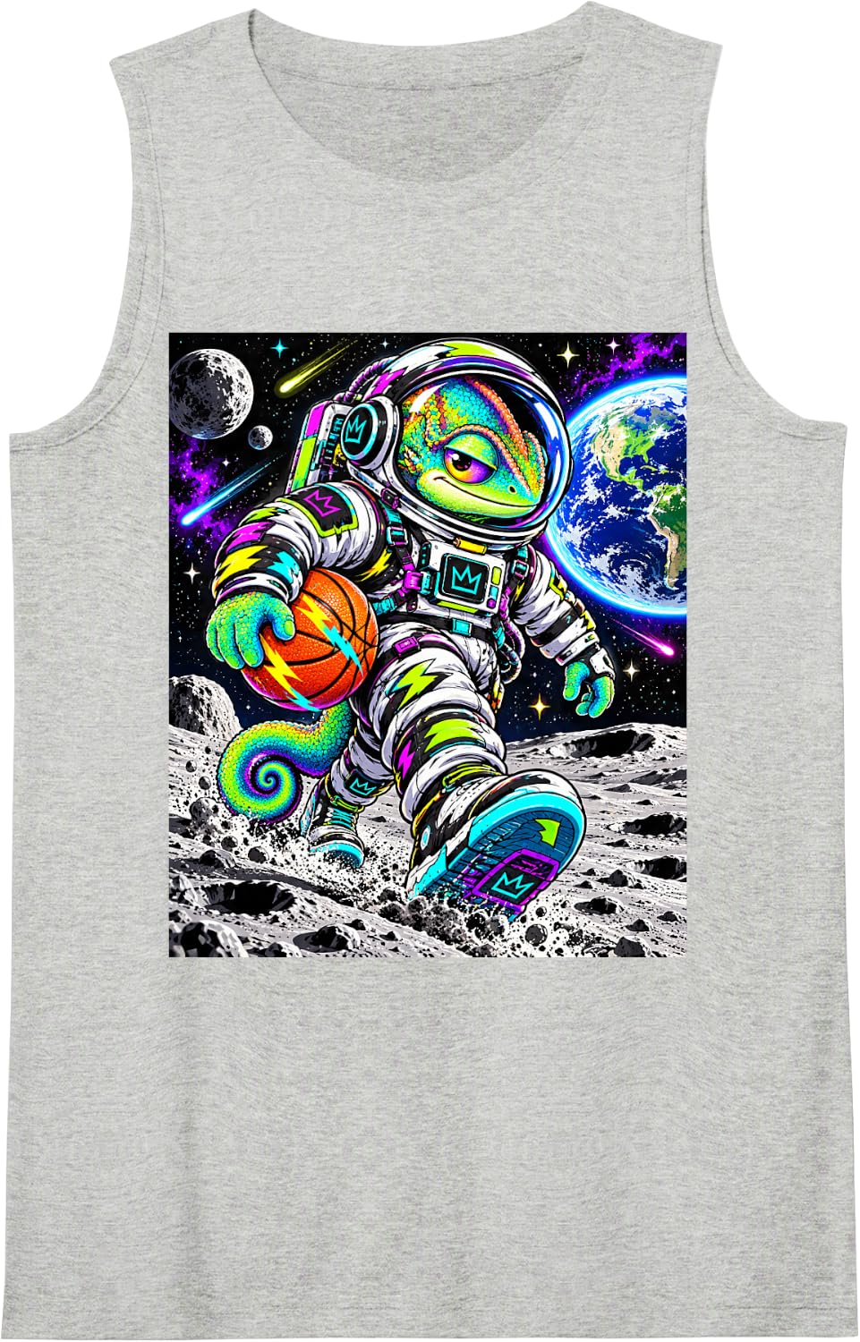 Astronaut Chameleon Basketball Moon Space Adventure Art Sleeveless Tank Top - Heather Grey