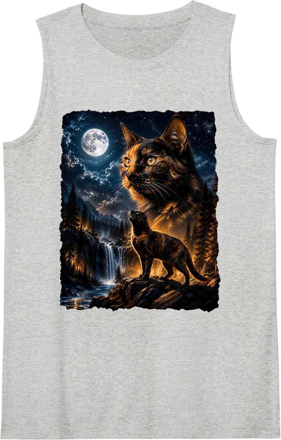 Tortoiseshell Cat Howling At The Moon 90s Retro Halloween Sleeveless Tank Top - Heather Grey