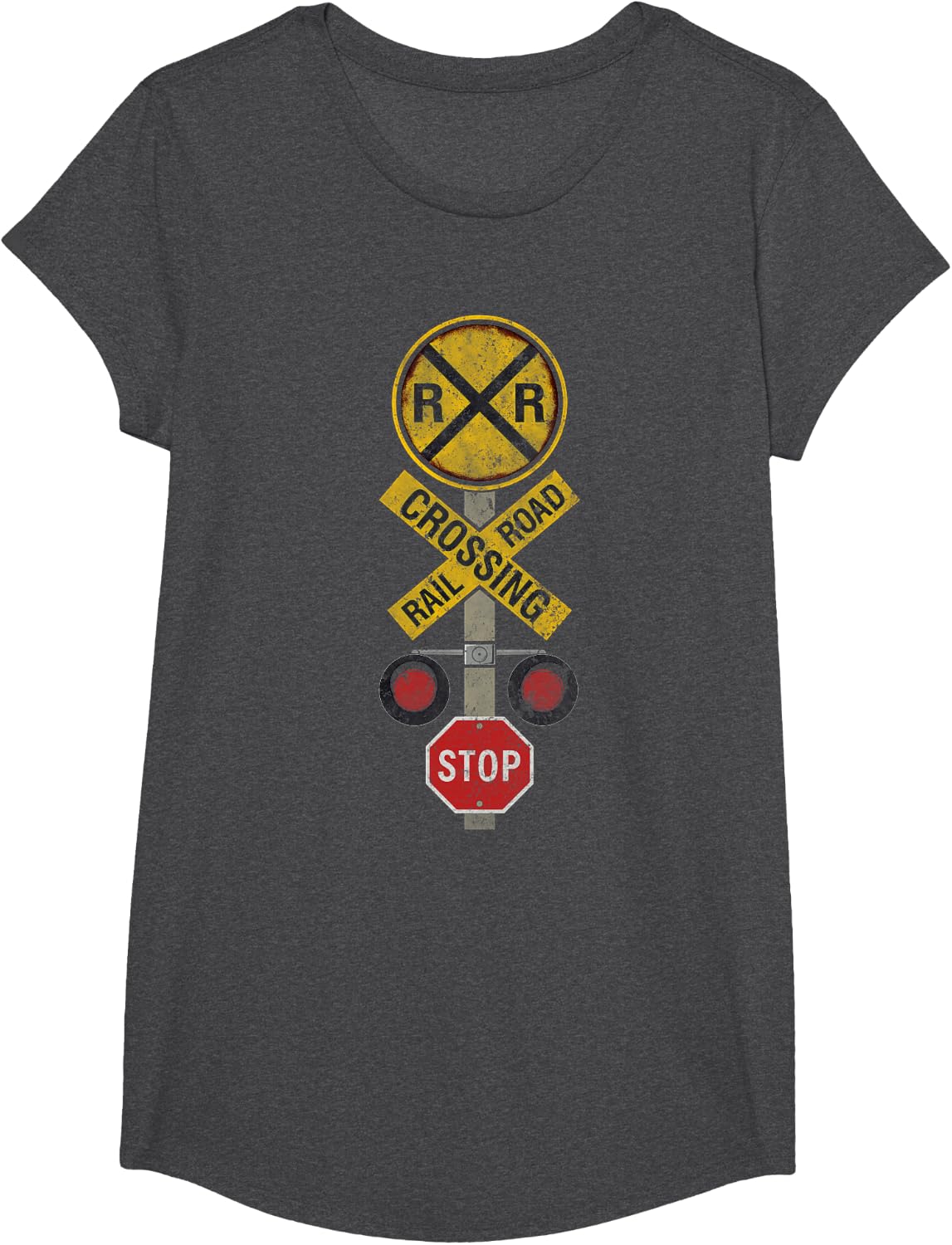 Railroad Crossing Locomotive Model Train Lover Road Sign T-Shirt Tee for Men and Women - Girls Dark Heather Grey