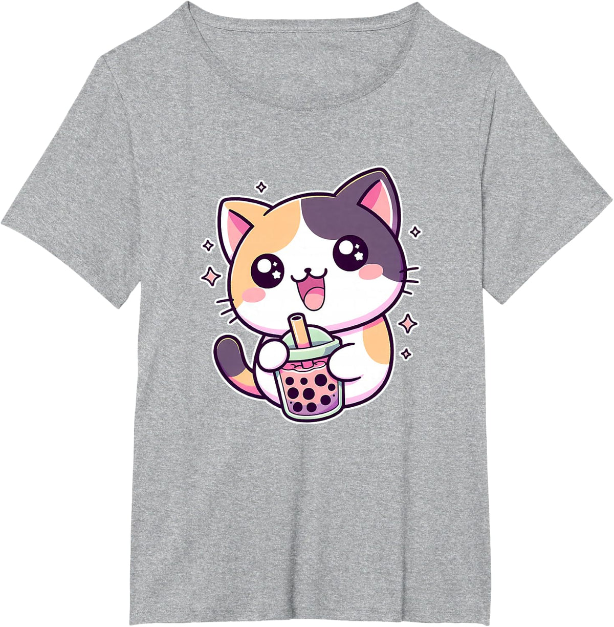 Pastel Goth Calico Cat Bubble Tea Tee Cute Kawaii Cat T-Shirt - Heather Grey