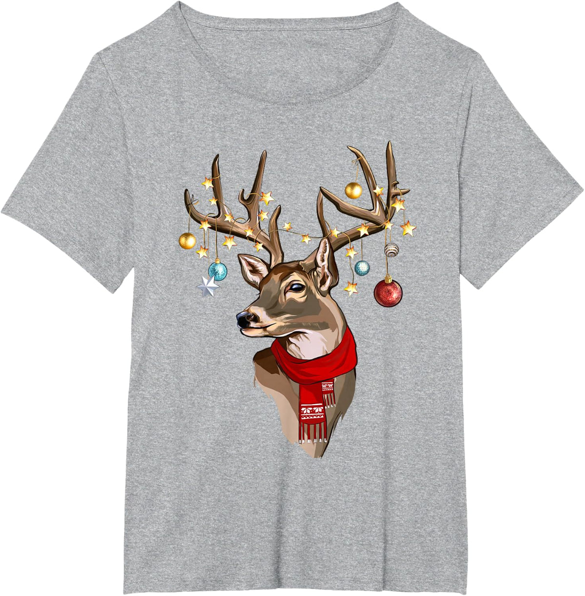 Buck Deer Antlers Christmas Lights Scarf Xmas Tees T-Shirts for Holiday Party - Heather Grey