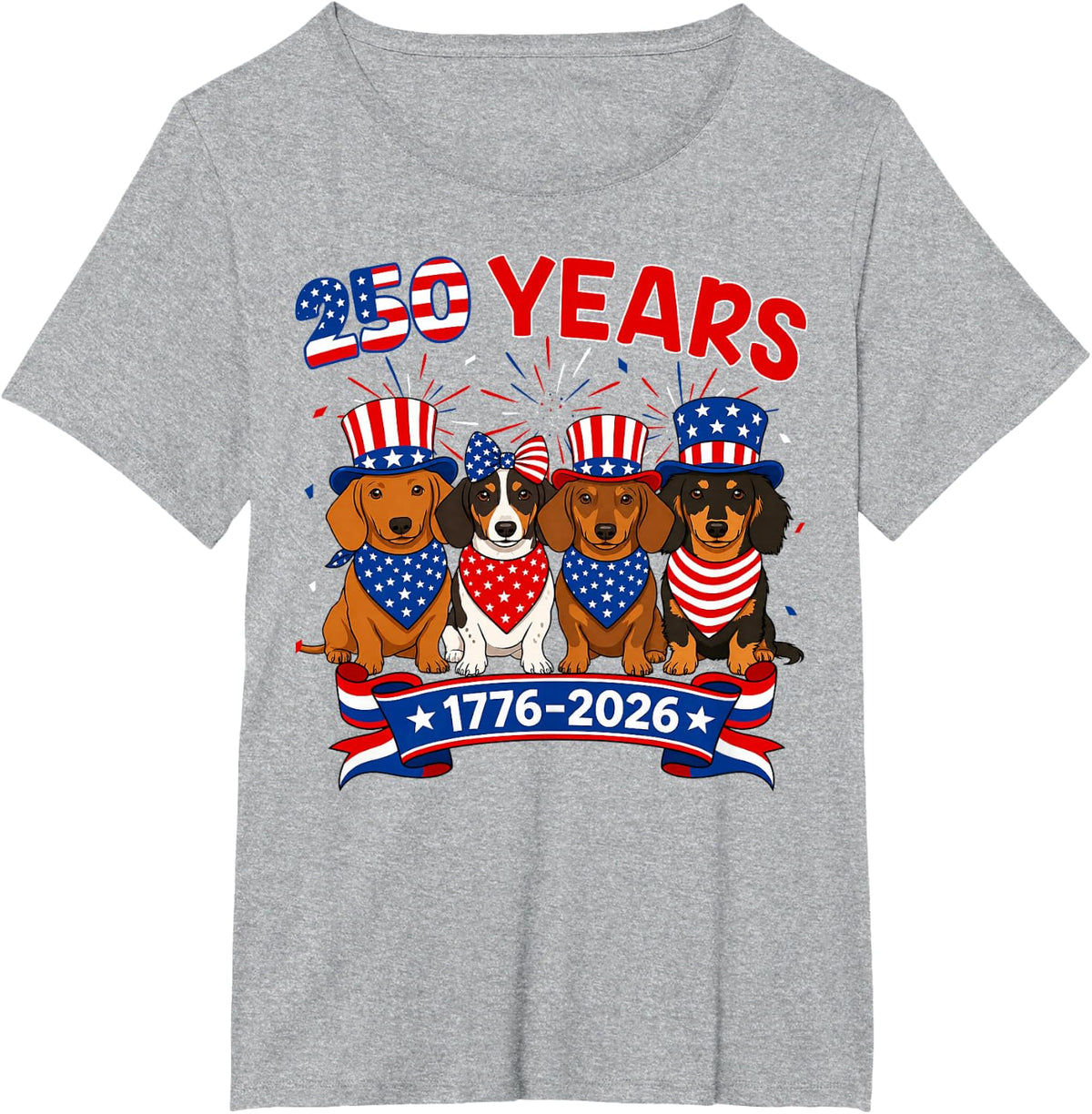 250 Years American 1776 2026 Dog Dachshund 4th of July T-Shirt - Heather Grey