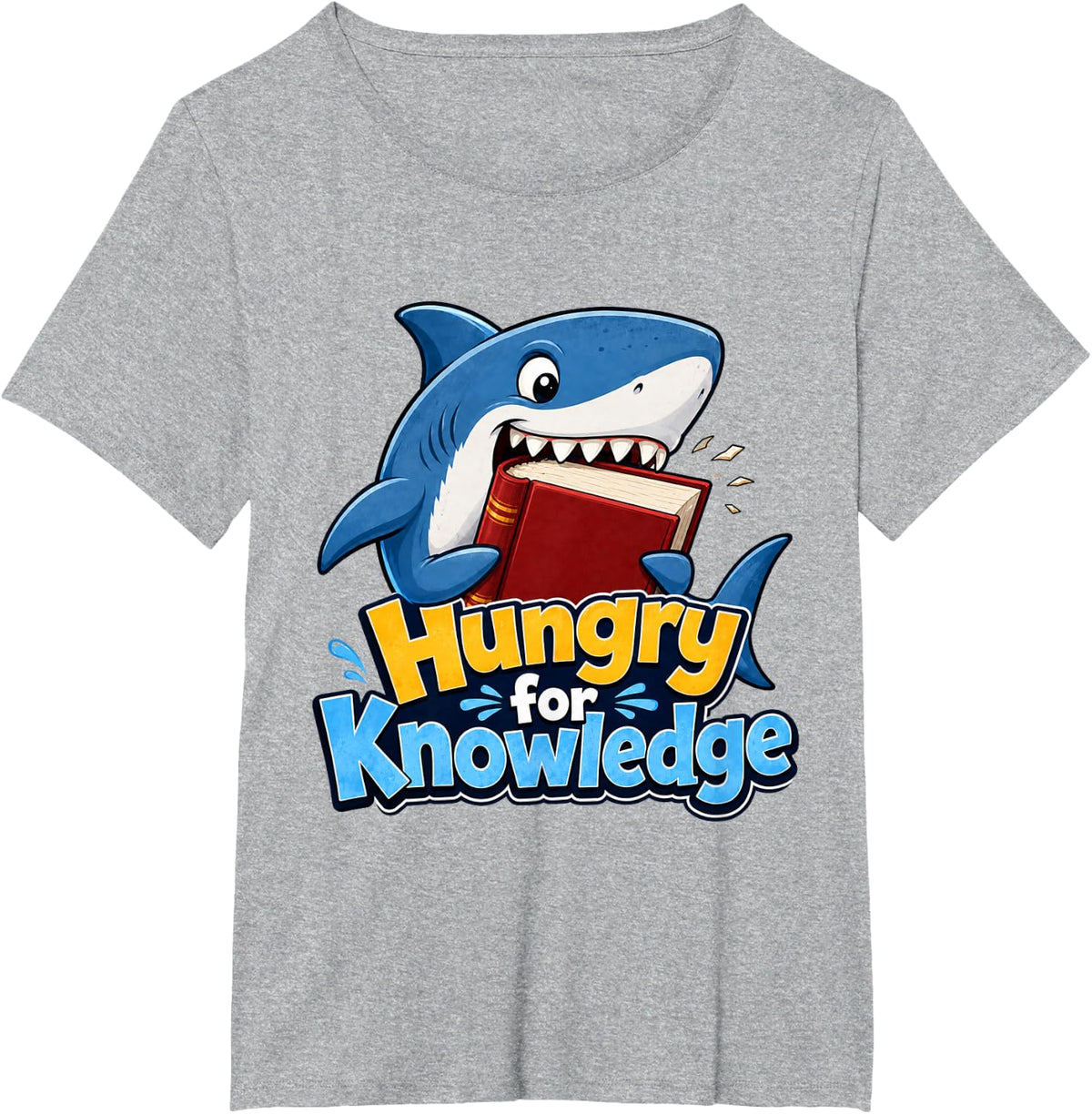 Hungry for Knowledge Shark Reading Book Kids Library T-Shirt - Heather Grey