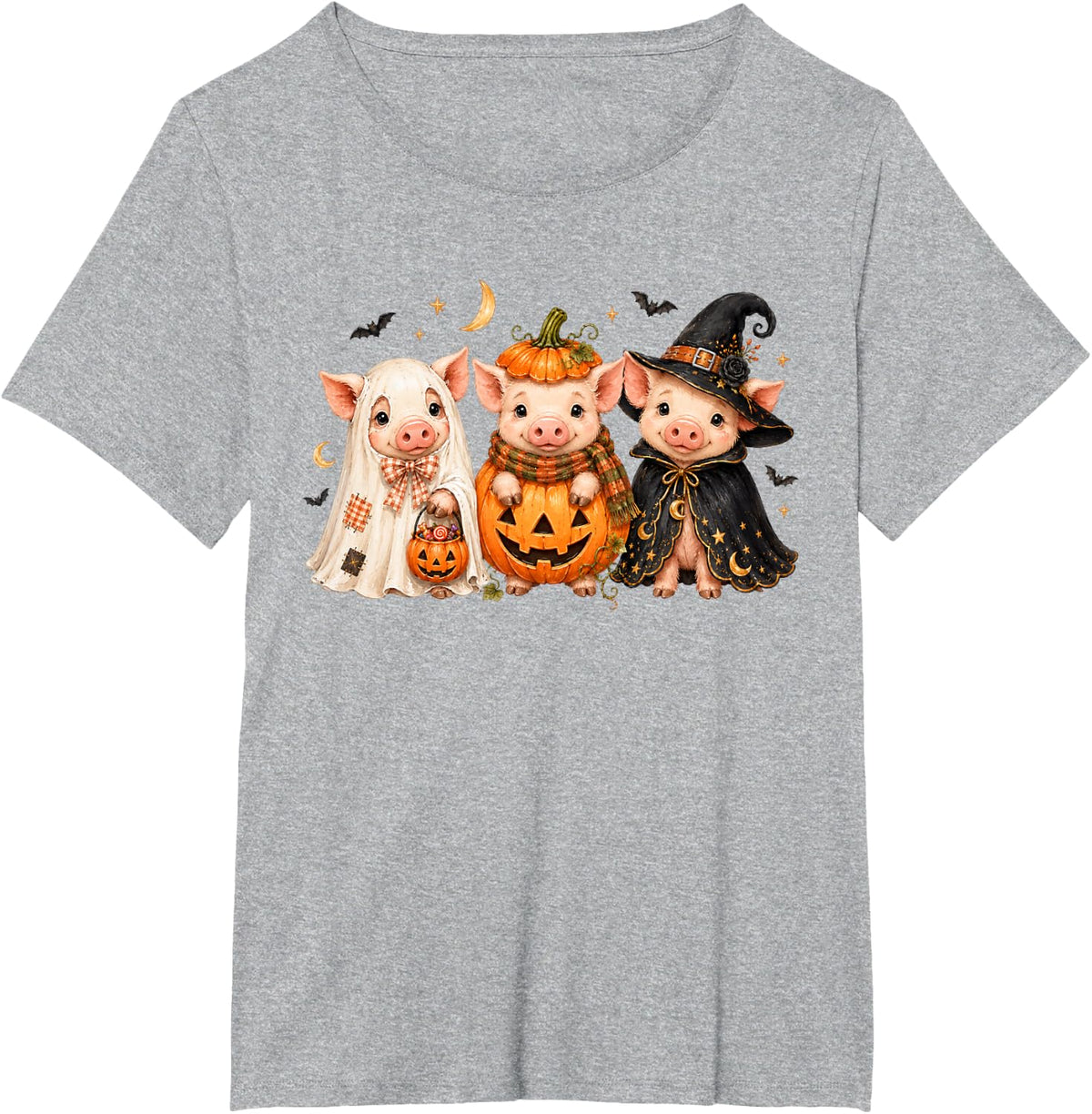 Cute Halloween Pig Pumpkin Ghost and Witch Costumes T-Shirt - Heather Grey