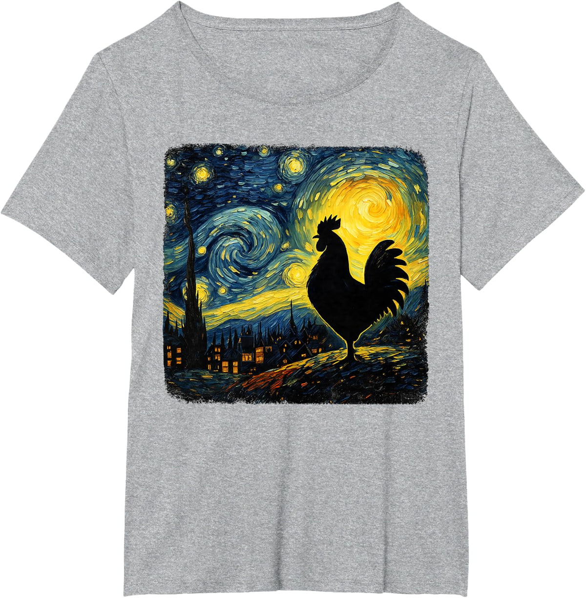 Starry Night Van Gogh Farmer Chicken Rooster Funny Graphic T-Shirt - Heather Grey