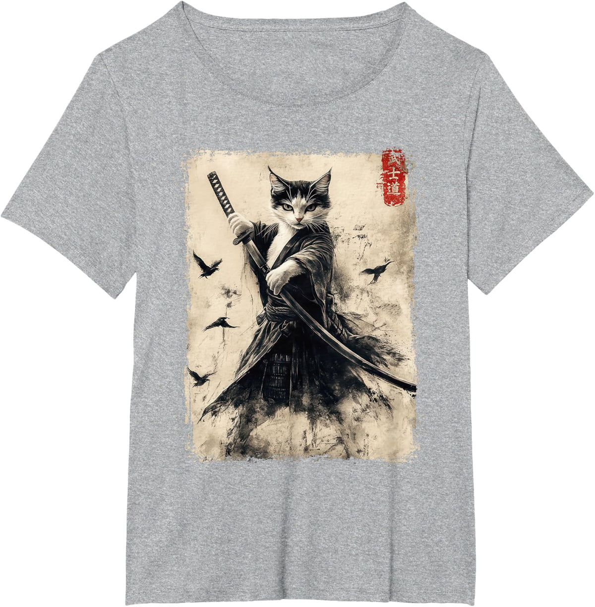 Samurai Cat Graphic Tee Warrior Vintage Japanese Art Anime T-Shirt - Heather Grey