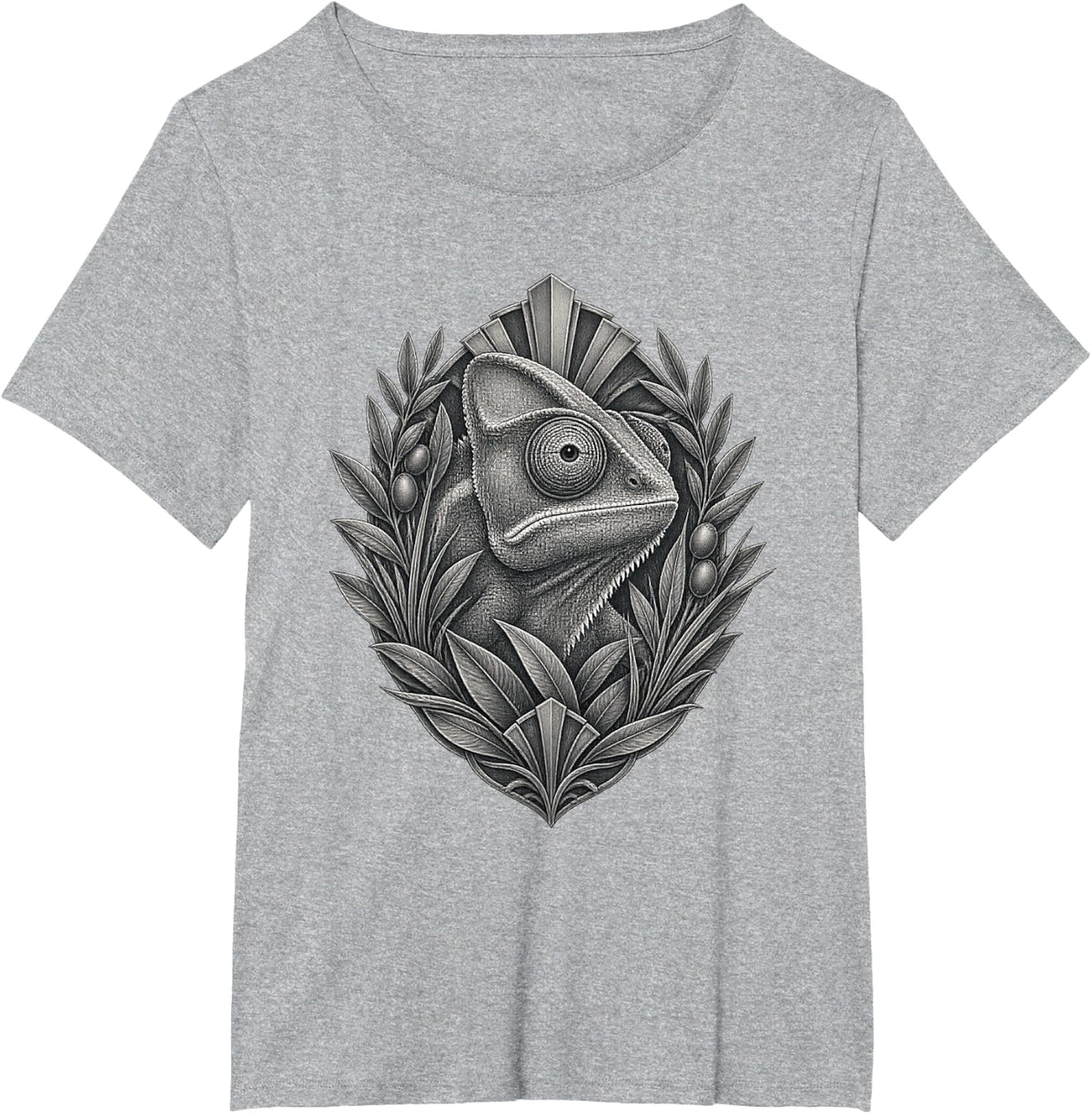 Chameleon with Pointed Leaves and Stepped Fan Frame T-Shirt - Heather Grey