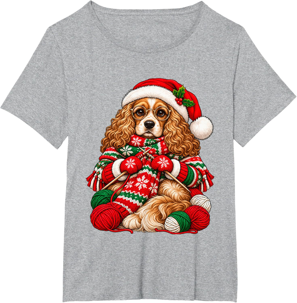 Festive Christmas Knitting Cocker Spaniel Cute Dog Knitter T-Shirt - Heather Grey