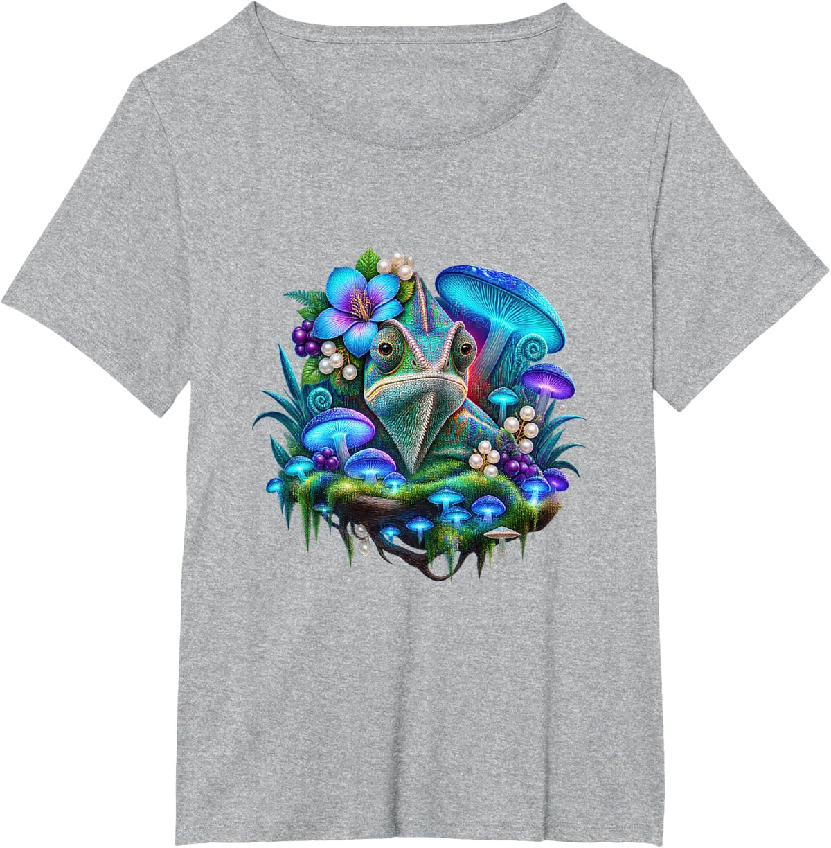 Green Chameleon with Blue Mushrooms T-Shirt - Heather Grey