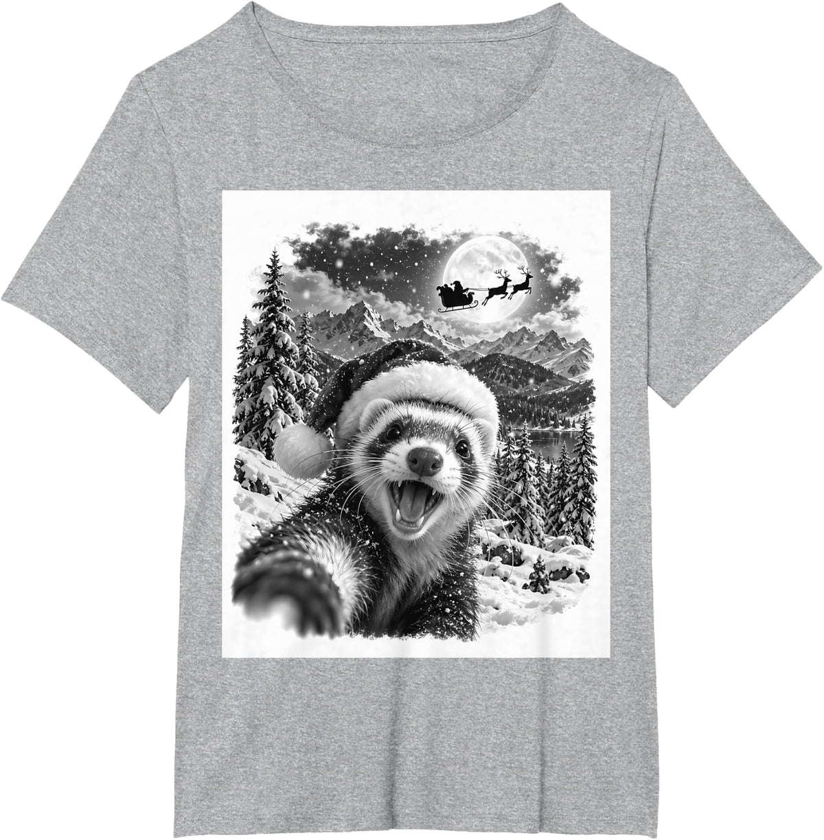 Ferret Santa Hat Christmas Selfie Snowy Forest Scene T-Shirt - Heather Grey