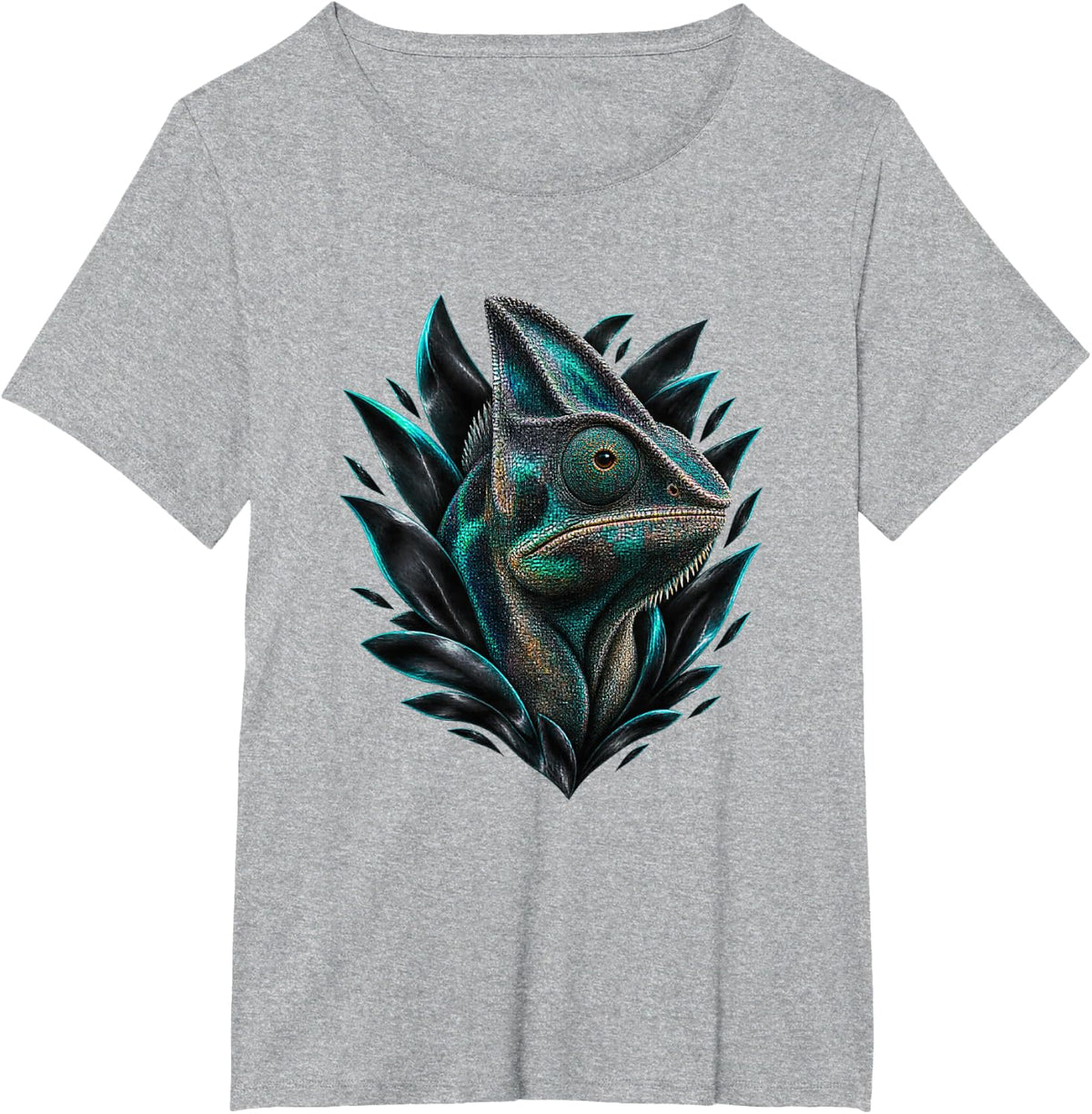 Chameleon with Black Glass Petals Reptile Art T-Shirt - Heather Grey