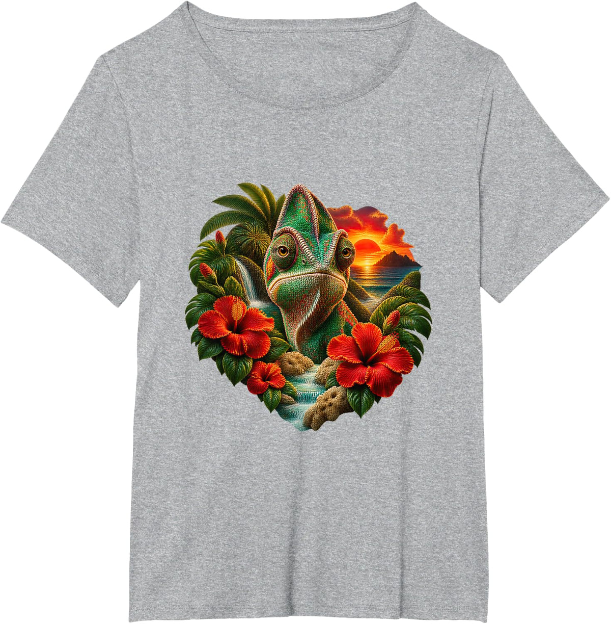 Chameleon Among Hibiscus at Sunset T-Shirt - Heather Grey