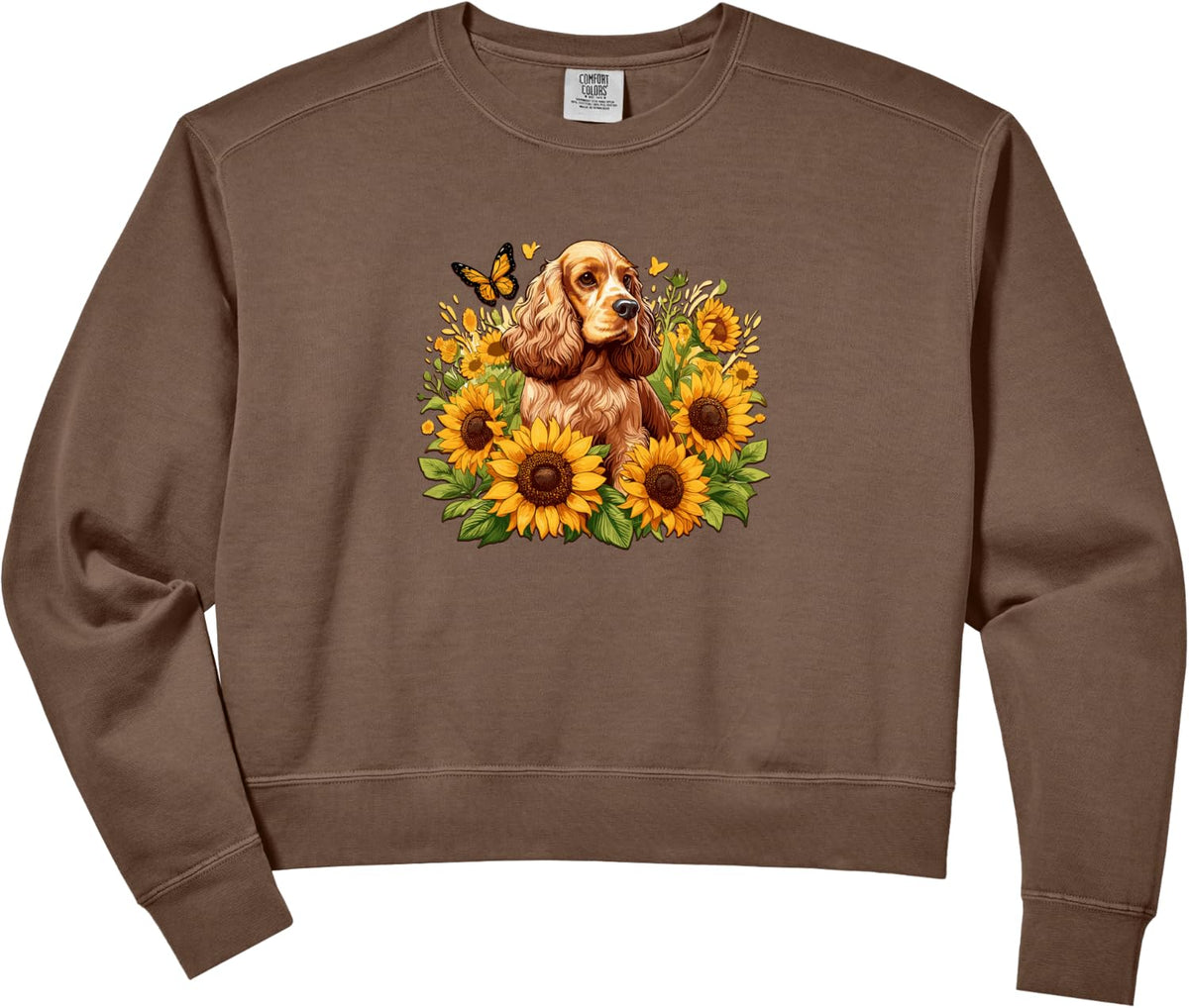 Womens Cute Womens Girls Kids Floral Flowers Cocker Spaniel Lover Comfort Colors Crop Sweatshirt - Espresso