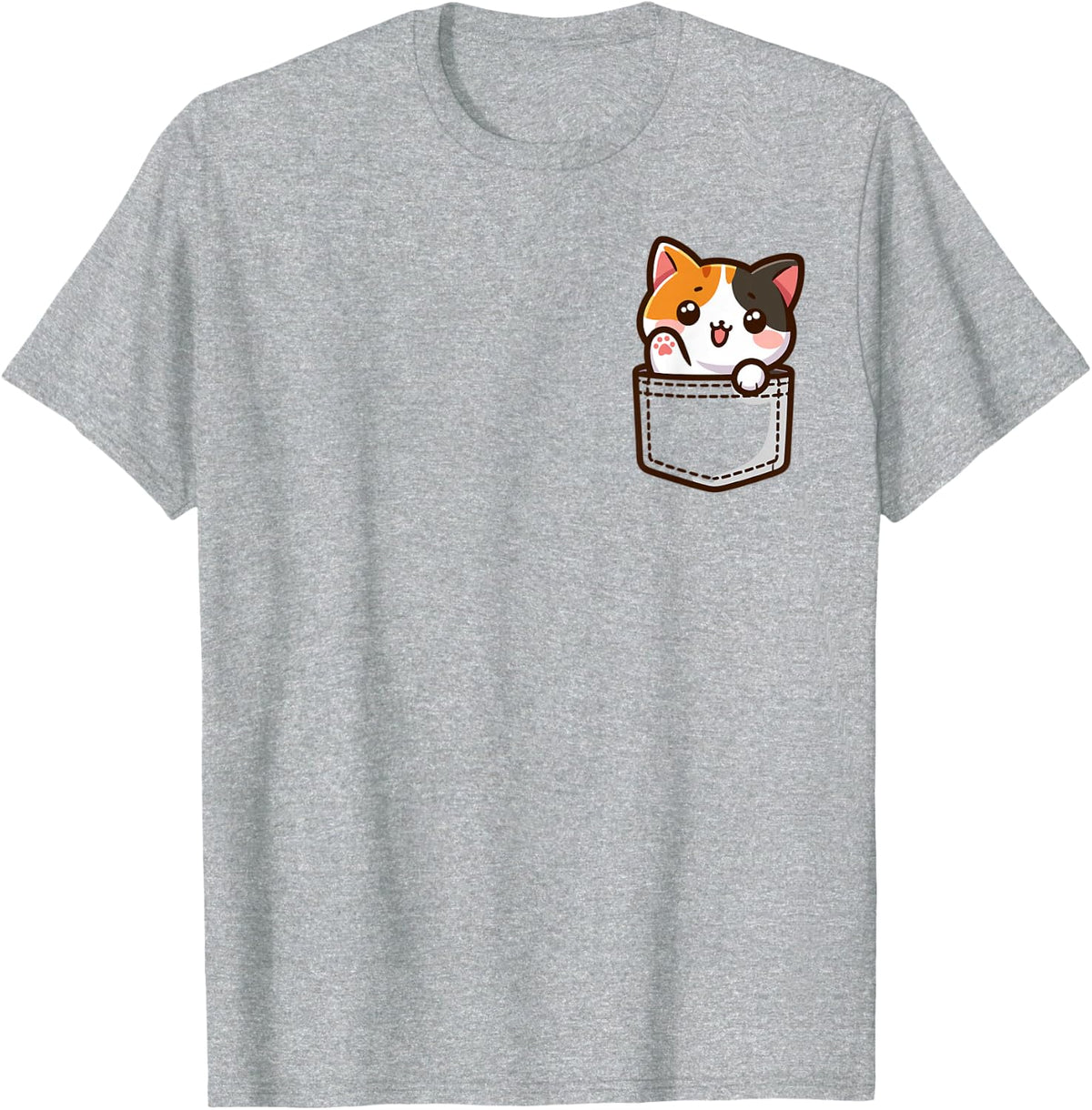 Adorable Chibi Japanese Pocket Kawaii Calico Cat T-Shirt - Heather Grey