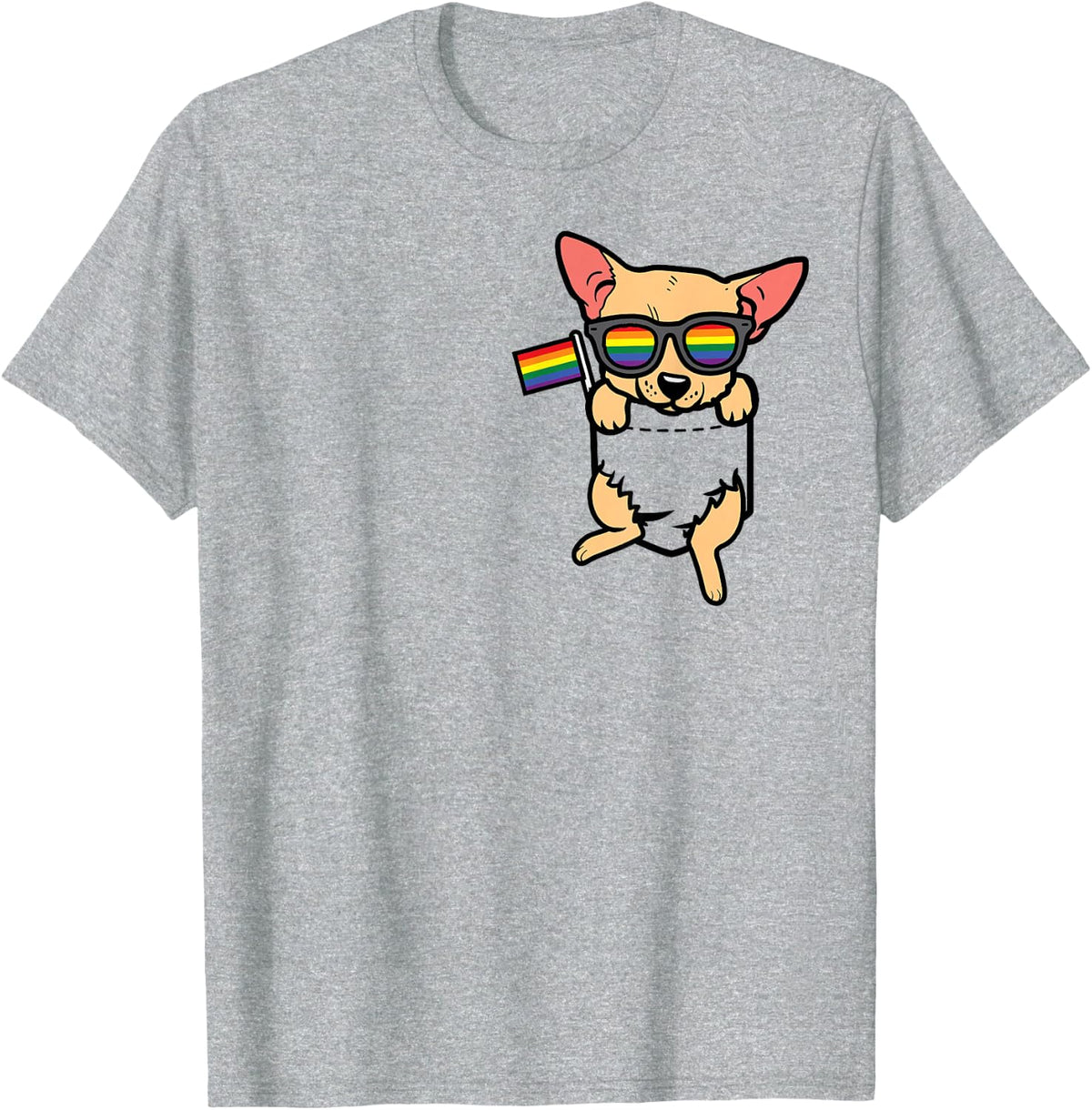 Chihuahua Chiwawa Pocket LGBTQ Rainbow Flag Gay Pride Ally T-Shirt - Heather Grey