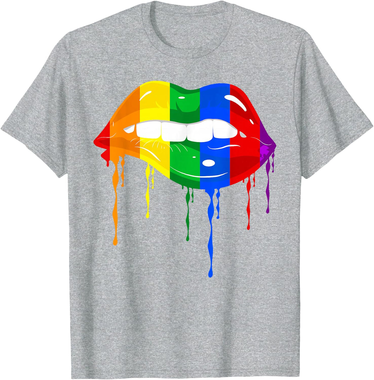 Cute Mouth Lesbian Lips Kissing Rainbow Flag Gay Pride LGBT T-Shirt - Heather Grey