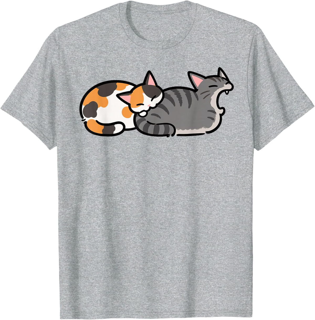Funny Cute Calico Grey Biting Yawning Sleeping Cats Kawaii T-Shirt - Heather Grey