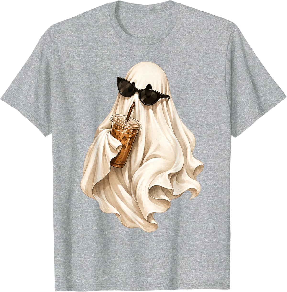 Ghost Drinking Iced Coffee Halloween Costume Coffee Lover T-Shirt - Heather Grey