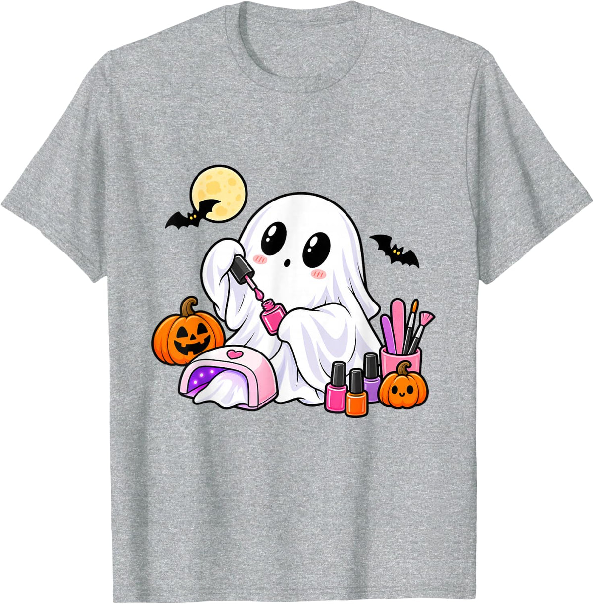 Cute Halloween Nail Tech Ghost Manicure Pumpkin Graphic T-Shirt - Heather Grey