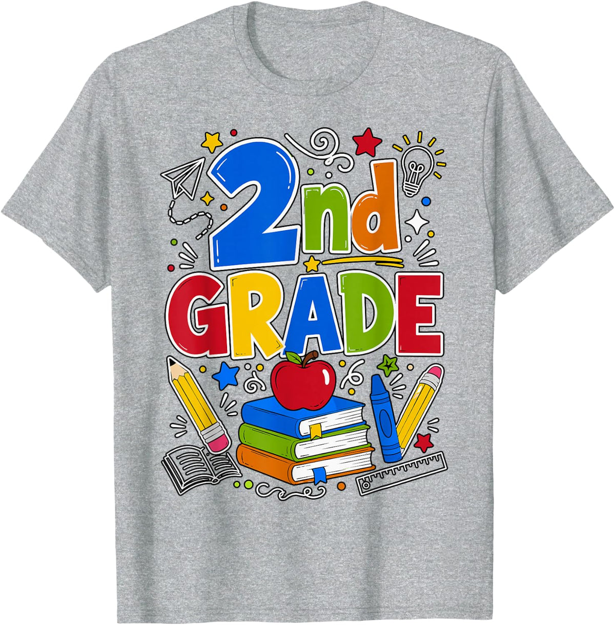 2nd Grade Colorful School Supplies T-Shirt - Heather Grey