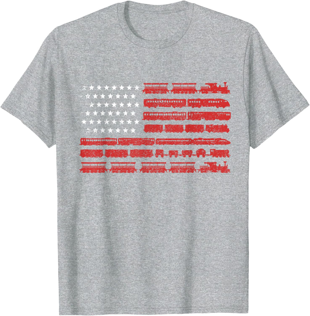 Train American Flag Patriotic Locomotive Railroad T-Shirt - Heather Grey