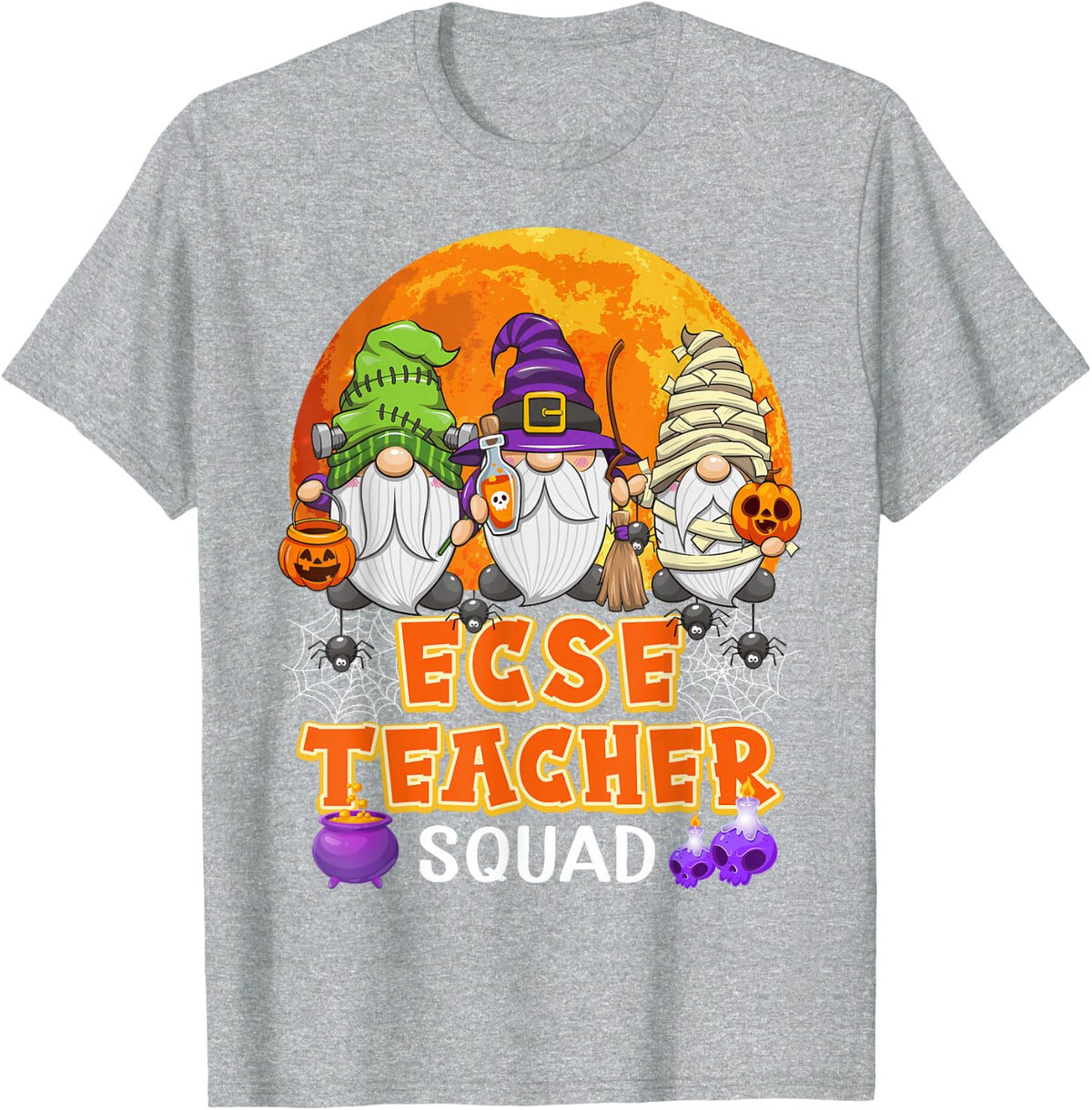 ECSE Teacher Squad Halloween Gnome Matching T-Shirt - Heather Grey