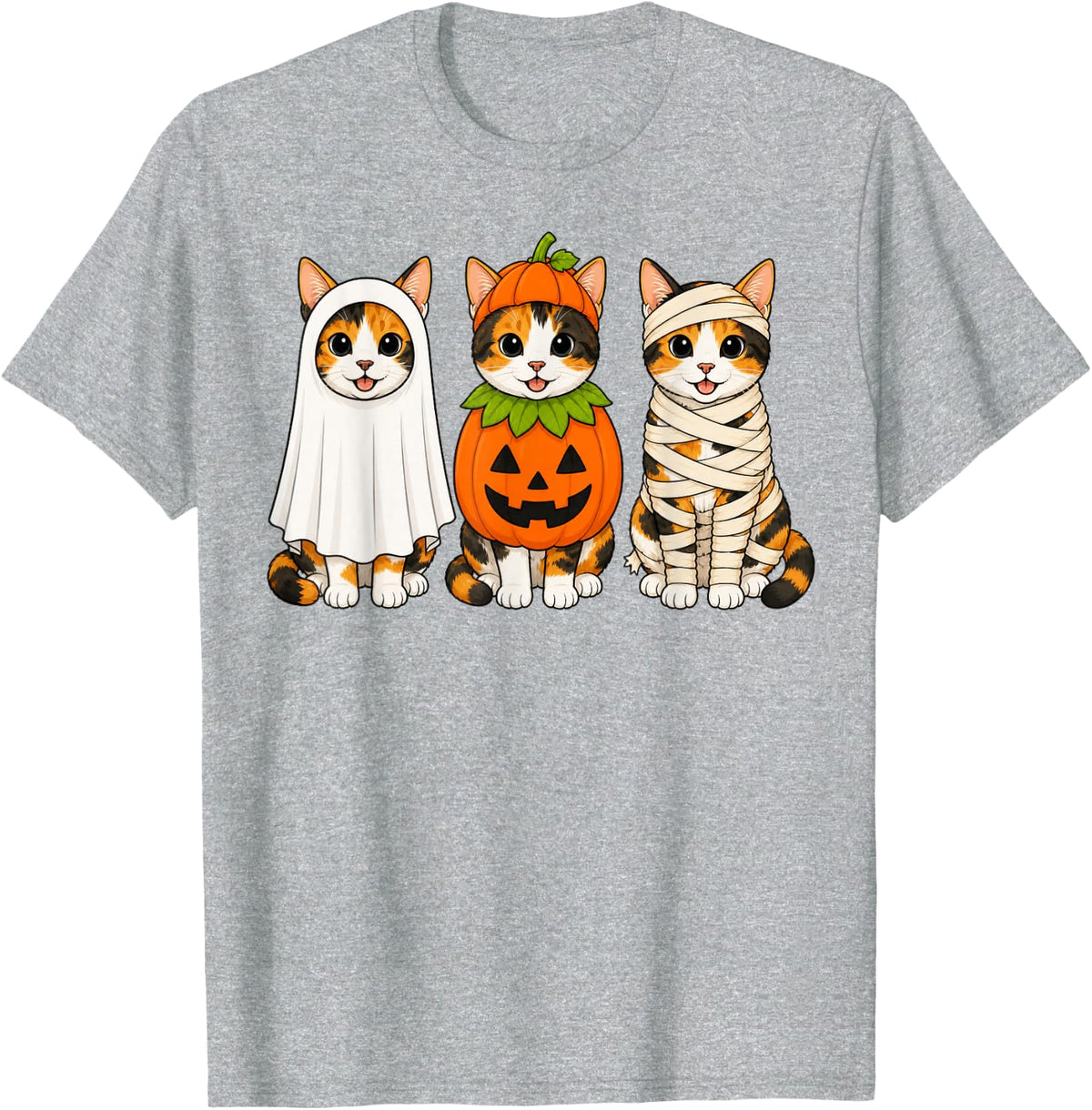 Spooky Calico Cat Pumpkin Ghost Halloween T-Shirt - Heather Grey