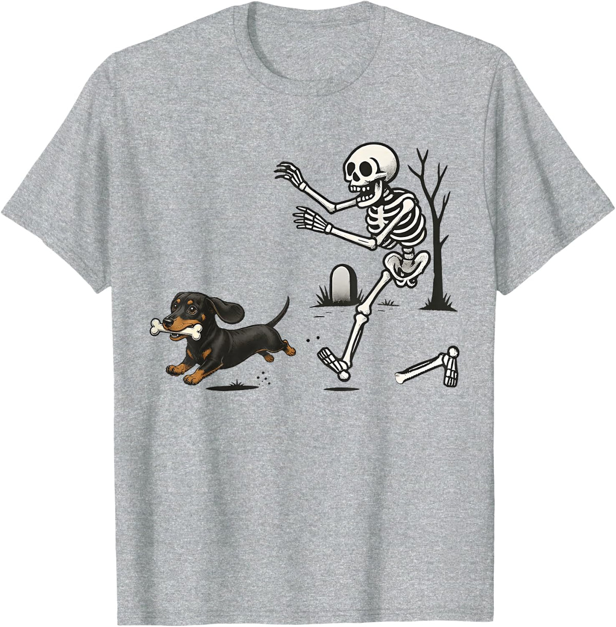 Funny Skeleton Chasing Dachshund Halloween Dog Spooky Season T-Shirt - Heather Grey