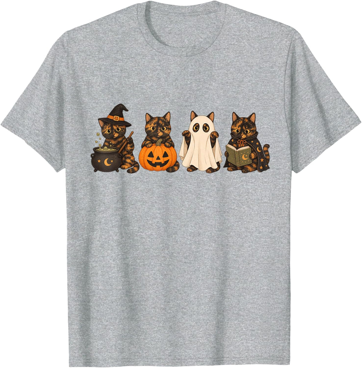Cute Halloween Tortoiseshell Cats Pumpkin T-Shirt - Heather Grey