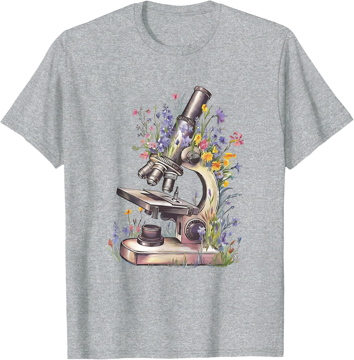 Floral Microscope Microbiology Shirt for Biology Teacher STEM Lab Tech Tees and T Shirts - Heather Grey